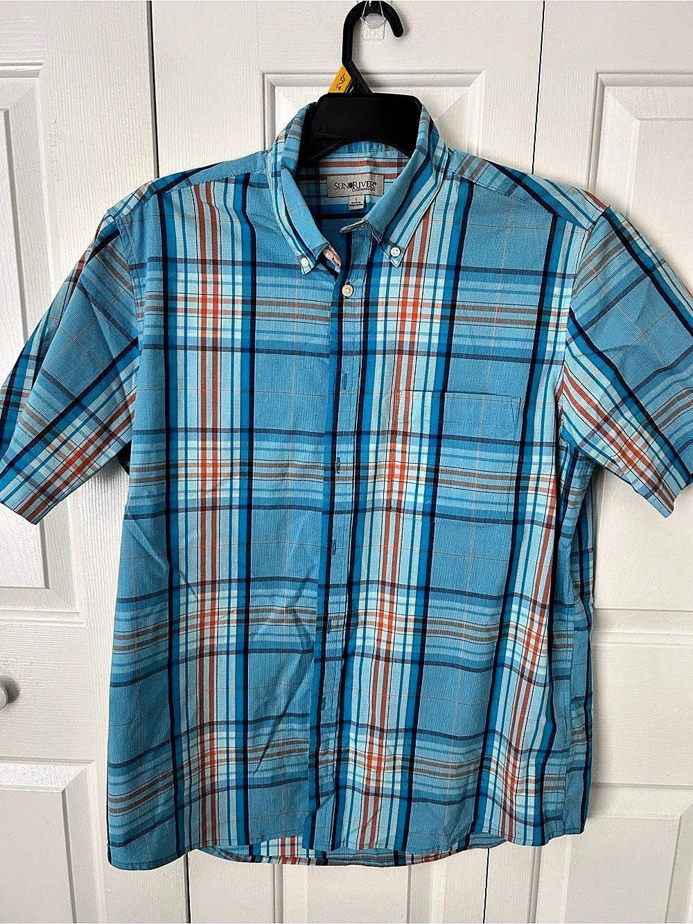 Sunriver Clothing Co. Plaid Short Sleeve Shirt in Blue & Orange Size Large